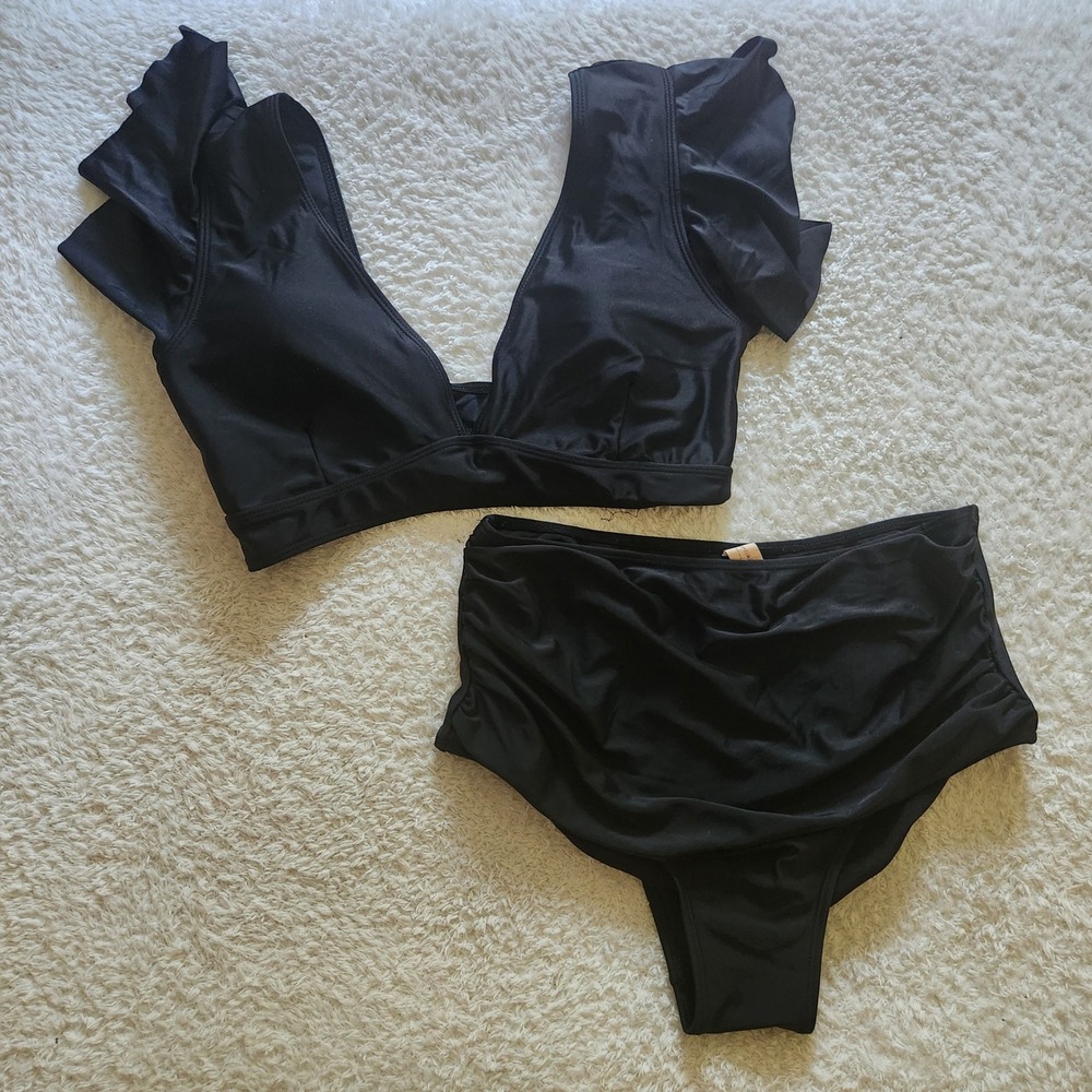 Sporlike Womens Black Ruffle Sleeve V-Neck High Waisted Bikini Set Size M